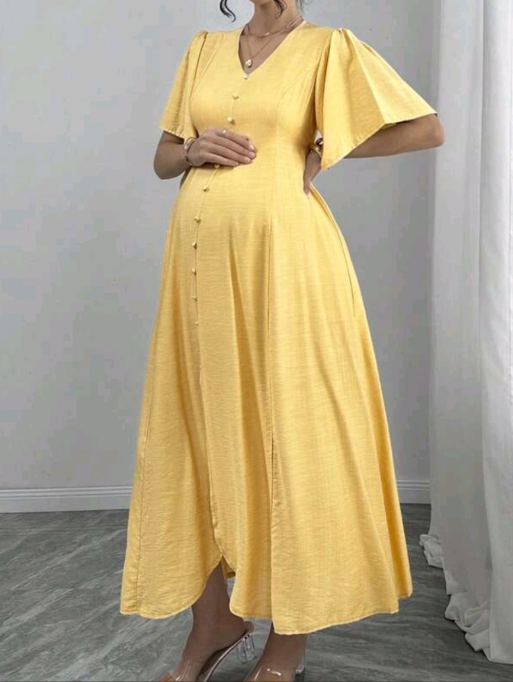 Maternity V-Neck Button-Front Maxi Dress in Yellow - Baby Shower/Party XL